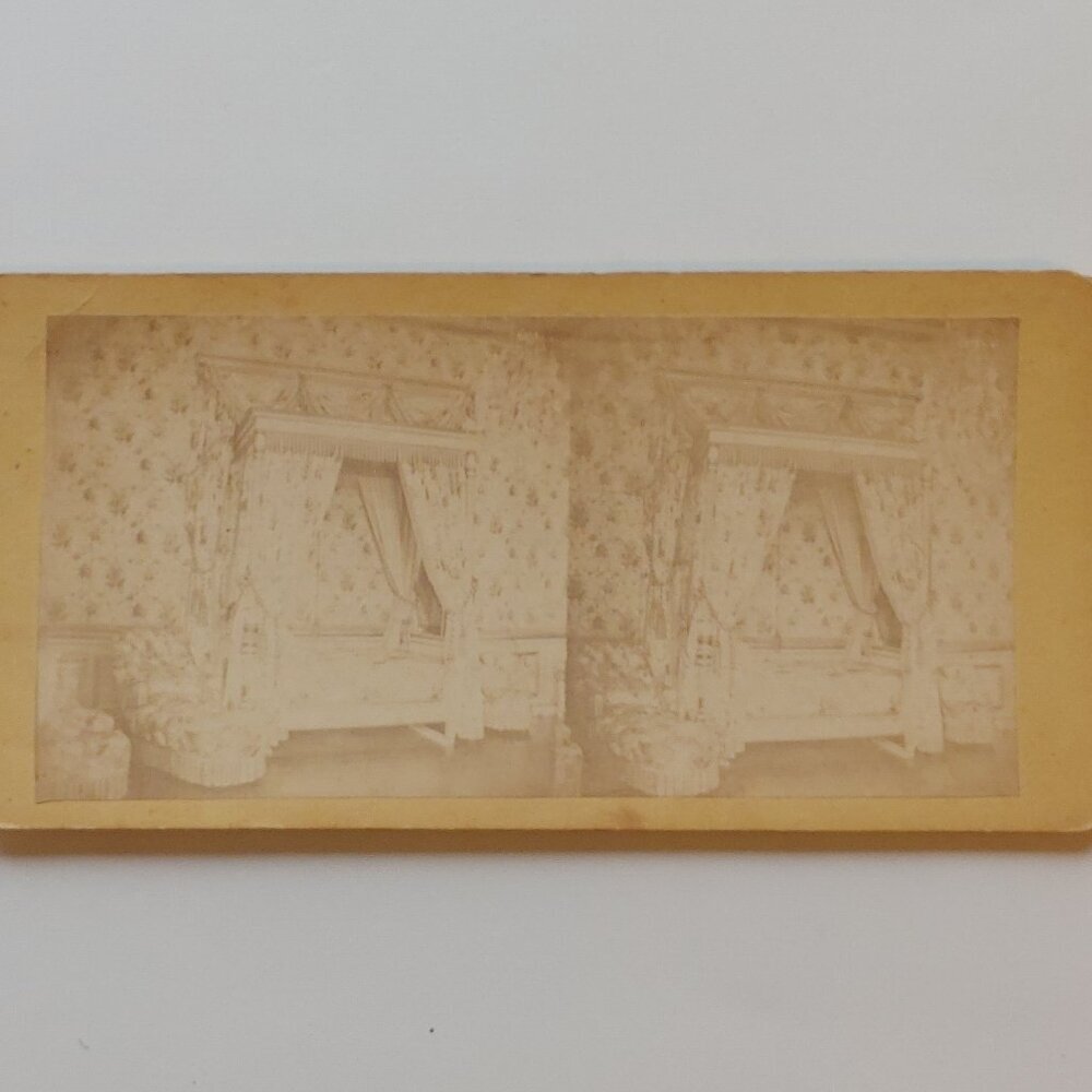 ANTIQUE Stereograph Card Victorian Nursery Bedroom Canopy Bed Image Wallpaper